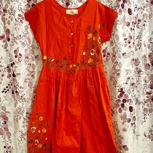 Vintage Designer Jennifer Logan Orange Floral Embroider Flowy Maxi Dress Medium